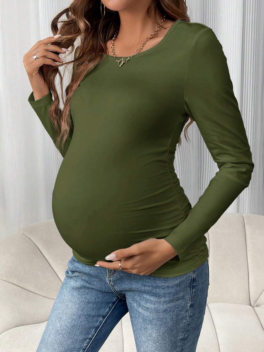 SHEIN Maternity Spring Summer Solid Color Round Neck Long Sleeve Ruched Slim Fit T-Shirt Fall - Army Green - View 1
