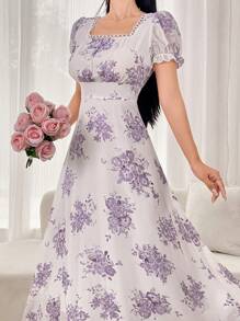 Modelyn Đầm Maxi Cổ Vuông In Hoa Tay Ngắn Cho Nữ Trang Phục Đầm Dạ Hội Dài - Màu tím - Xem 6