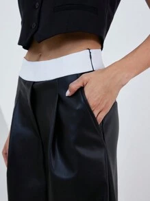 SHEIN Privé Stylish Colorblock Elastic Waist PU Leather Design Loose Fit Pants Fall Cloth For Women - Black - View 5