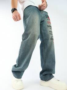 Manfinity Homme Men's Slogan Print Relaxed Fit Straight Leg Casual Baggy Jeans