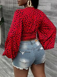 Slaydiva Red Leopard Print V-Neck Lantern Sleeve Blouse - Red - View 2