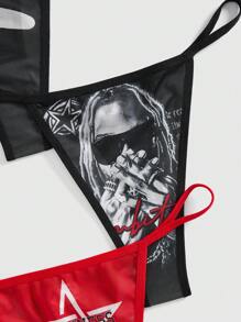 ROMWE Grunge Punk 3pcs/Set Rapper Star & Figure Print Sexy Thong Panties - Black - View 4
