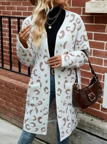 Chiquease Women's Leopard Print Drop Shoulder Long Sleeve Pocket Loose Casual Cardigan