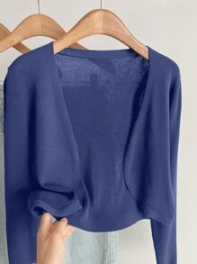 SHEIN Essnce 大码女式纯色长袖休闲开衫，秋冬款 - 寶藍色 - 查看 6