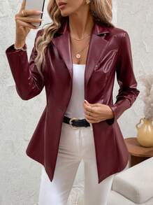 SHEIN Clasi 女式束腰 PU 皮革保暖秋冬复古优雅酒红色西装外套 - 酒紅色 - 查看 7