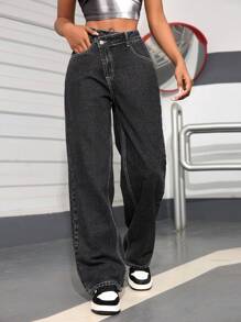 SHEIN PETITE Quần Jeans Ống Thẳng Rộng Có Túi Vá Eo Bất Đối Xứng Thường Ngày Cho Nữ - Màu xám đen - Xem 4