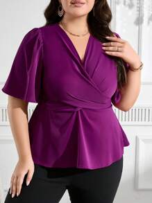 Modelyn Plus Size Women's Summer Solid Color V-Neck Short Puff Sleeve Ruffle Hem Elegant Blouse - Hot Pink - View 5