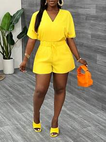 Slaydiva Casual V Neck Bat Sleeve Short Sleeve Shorts Yellow Women's Jumpsuit-C