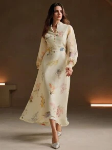 Anewsta 女式 V 领纽扣长袖花卉欧根纱连衣裙长款女装 - 白色 - 查看 6