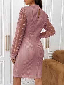 SHEIN Thai sản Đứng cổ áo Tay áo lồng đèn Quần bó Sọc Đầm - Hồng - Xem 2