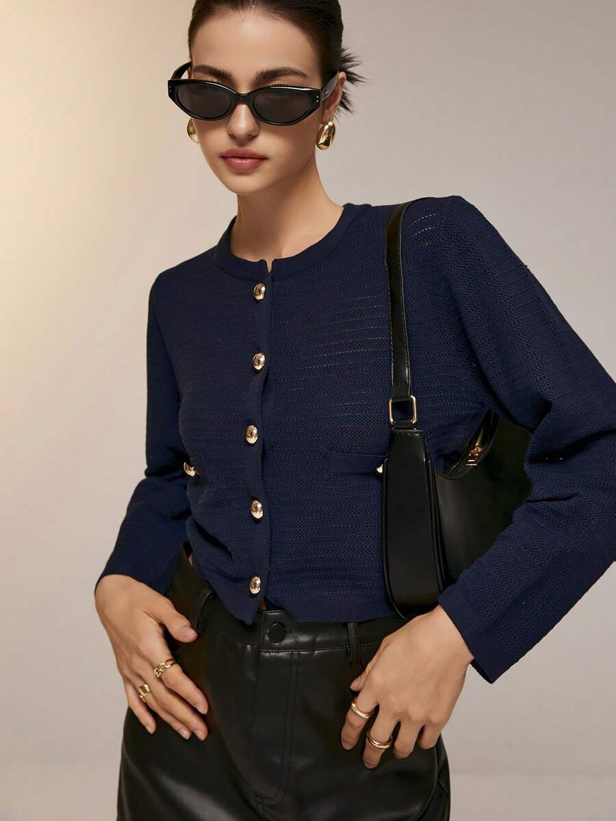 Poéselle Casual Metal Button Decor Cardigan For Women - Navy Blue - View 1