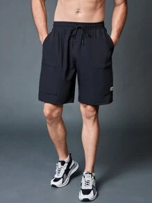 Manfinity Fitness Pantalones cortos deportivos de estilo novio con estampado simple, pantalones de chándal de verano, pantalones cortos negros - Negro - Ver 7