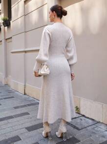 EURMUSE Women Baloon Sleeve And A-Lline Hem Detailed Maxi Sweater Dress - Beige - View 2