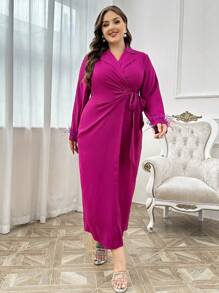 Modelyn Váy dài tay thắt nút đơn giản hàng ngày màu trơn cỡ lớn cho nữ, váy maxi cho trang phục thường ngày/ngày lễ/tiệc cưới/buổi tối dài - Màu tím - Xem 6