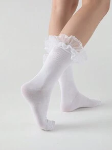 ROMWE Kawaii Calcetines estilo tripulación lindos con adorno floral 3D para mujeres - Blanco - Ver 3