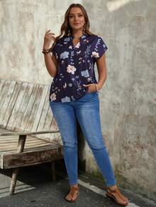 EMERY ROSE 大码女式花卉印花短袖休闲衬衫 - 紫色 - 查看 4