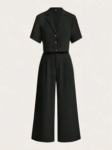 SHEIN Clasi 2pcs/Set Women Cropped Shirt With High-Waist Pocket Pants - Black - View 4