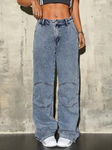 SHEIN ICON 女式宽松直筒牛仔裤，带口袋 - 藍色 - 查看 4