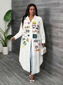 Slaydiva Plus Size Women Casual Printed Long Sleeve Shirt Dress - White - View 2