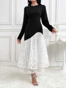 Modelyn Damen elegantes Farbkontrast-Spitzenkleid mit Patchwork, Frühling/Herbst