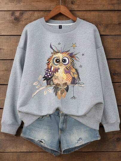Calvaya Plus Size Women's Casual Crew Neck Sweatshirt, Owl Animal Cartoon Print Long Sleeve Pullover For Daily Wear , Graduation, Teachers For Women, Back To School Fall Winter Autumn