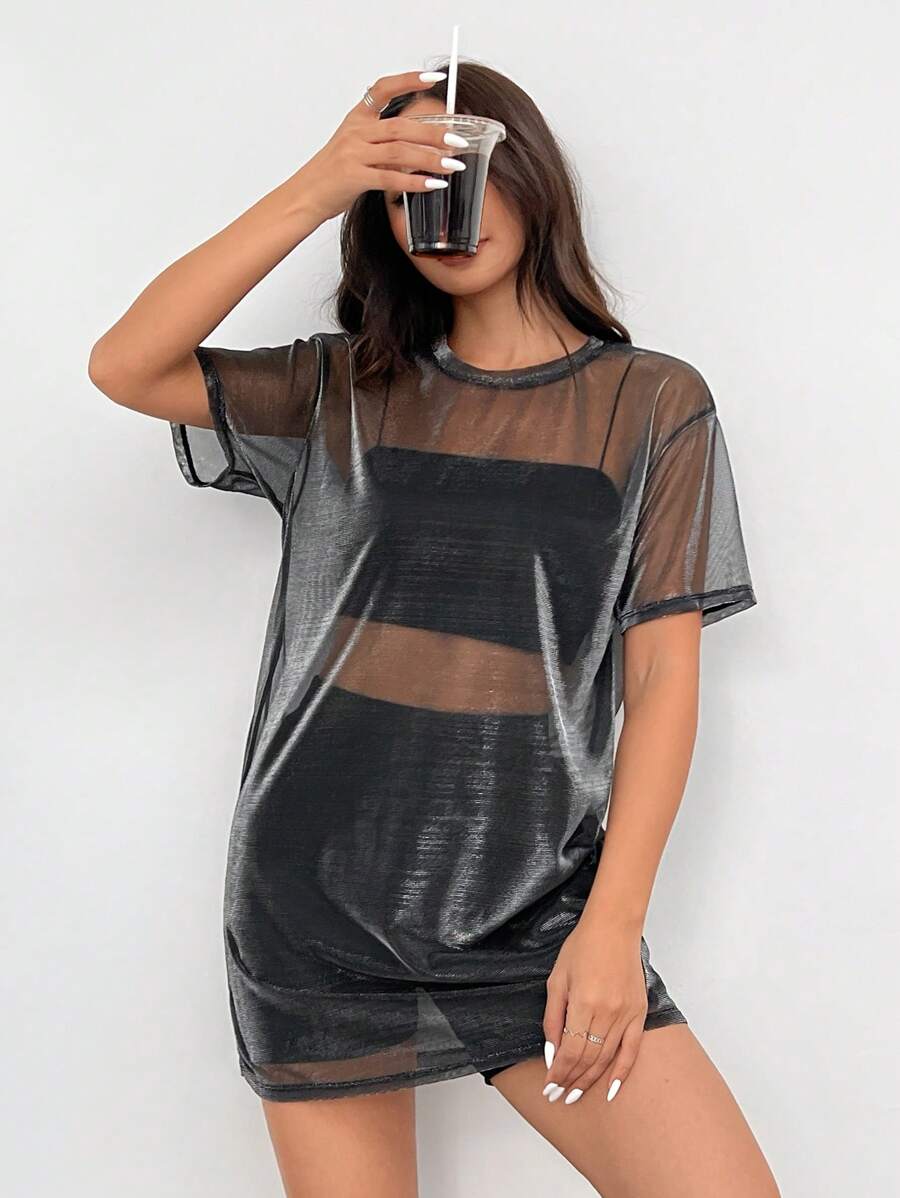 SHEIN EZwear 女式网眼透视 V 领短袖迷你连衣裙 - 黑色 - 查看 1