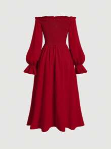 SHEIN MOD فستان نسائي أنيق ذو لون واحد عاري الكتف ومزود بربطة خصر وأكمام متسعة، مناسب للعطلات