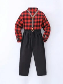 SHEIN Conjunto de 2 peças/conjunto de camisa xadrez casual preta e vermelha para meninos adolescentes com botões e calças suspensórias, adequado para primavera e outono, casual, diário, ao ar livre, escola, festa, casamento, natal, dia das bruxas e muito mais