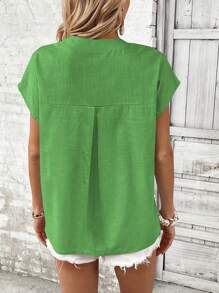 EMERY ROSE 女士纯色简约休闲短袖衬衫 - 綠色 - 查看 2