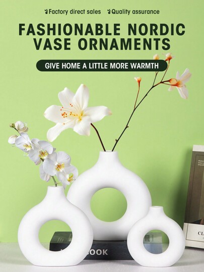 1pc Wit Plastic Circular Flower Vase ation, Simulated Dry ation Vase, Artistic Bloemen Arrangements, Living Room Exhibition Hall ation,Home ,Flower Vase,Centerpiece,Table Valentine DAY, Valentines Wedding, view 8