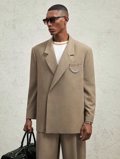 AKNOTIC Formal 男士梭织宽松金属链装饰休闲翻领开衫驼色夹克，秋冬款