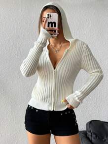 SHEIN Unity Áo khoác cardigan trùm đầu màu trơn thường ngày cho nữ, mùa xuân và mùa thu - trắng - Xem 5