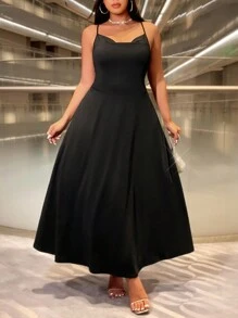 Celure Plus Size Plunge V Neck Criss-Cross A-Line Slip Dress - Black - View 1