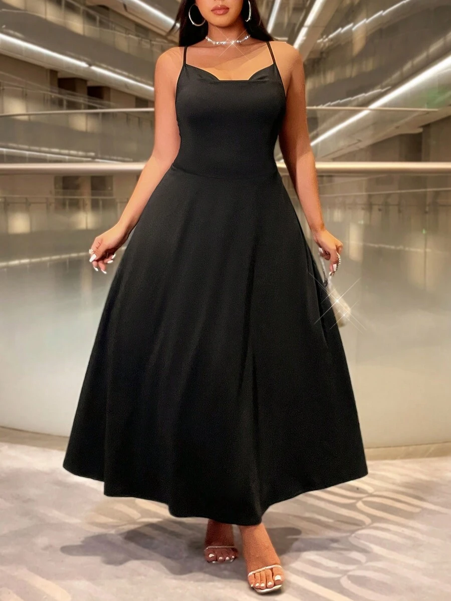 Celure Plus Size Plunge V Neck Criss-Cross A-Line Slip Dress - Black - View 1