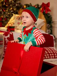 SHEIN Bộ 2 món/Bộ đồ liền thân phong cách đơn giản dễ thương cho bé trai/bé gái mặc ngày lễ Giáng sinh kèm mũ thêu, thích hợp mặc vào dịp Giáng sinh và mặc hàng ngày - Nhiều màu - Xem 3