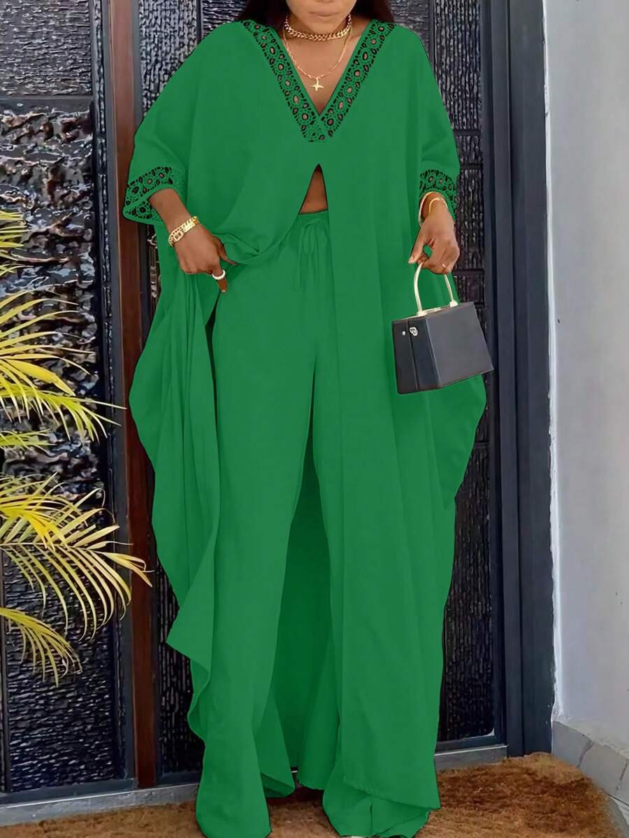 SHEIN LUNE 2 piezas/set Camisa y pantalones sueltos casuales con cuello en V y parche de encaje - Verde - Ver 1