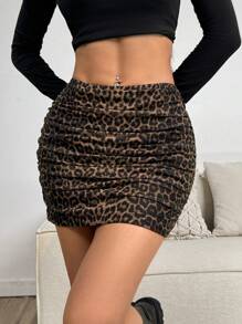 SHEIN MOD Women Leopard Print Mesh Ruched Bodycon Mini Skirt - Brown - View 4