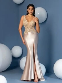 Women's V-Neck Sleeveless High Slit Minimalist Maxi Formal Evening Gown Dress (Deluxe), Elegant Prom Dress, For Wedding Guest, Graduation, Dinner Party Dress - 香檳色 - 查看 3