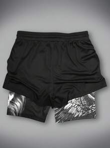 Noixe Shorts de moda para hombre con doble capa y cintura ajustable con cordón, con diseño de león y letras impresas, casual y versátil