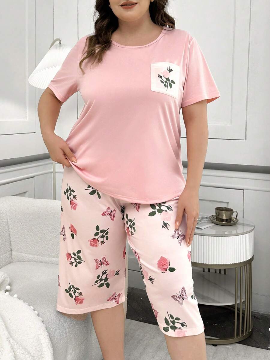 大码花卉印花短袖上衣和裤子睡衣套装