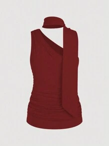 INAWLY Camiseta sin mangas de mujer de unicolor, con pliegues y corte ceñido, de moda para el verano