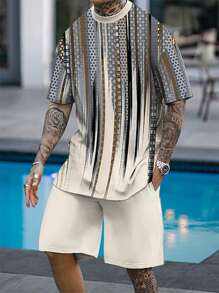 Manfinity Homme Men's Geometric Print Crew Neck Short Sleeve Casual T-Shirt And Shorts Set For Summer - Multicolor - View 1