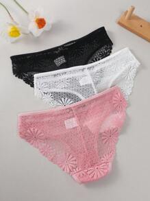 3pcs/Set Women Lace Trim Underwear Briefs - Multicolor - View 2