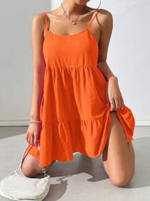 SHEIN EZwear Vestido casual de tirantes finos y espalda descubierta tipo babydoll color naranja para vacaciones
