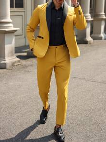 Manfinity Mode Conjunto informal de negocios de blazer de manga larga con cuello de chal y pantalones de color contrastante, para primavera/otoño
