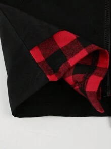 Tween Boy Personality Snap Placket Plaid Patchwork Black Solid Color Windbreaker Jacket, 2 In 1 Youngster Red & Black Checked Floral Windproof Winter Casual Outerwear, Fashion Boy Tops