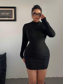 Flirla Plus Size Cheongsam Collar Button-Detailed Long Sleeve Fleece T-Shirt - Black - View 3