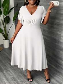 Slaydiva Đầm midi dáng xòe thanh lịch cỡ lớn có cổ chữ thập, chi tiết nhún bèo và tay áo nhún bèo, thích hợp mặc dự tiệc, mặc buổi tối và mặc hàng ngày, mùa xuân và mùa hè - trắng - Xem 5