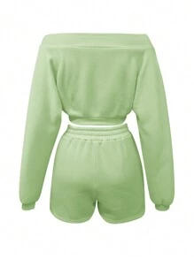 SHEIN Essnce 2pcs Women Off-Shoulder Long Sleeve Sweatshirt And Shorts Set - Green - View 2