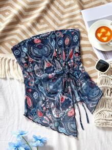 SHEIN VCAY Áo crop top lưới dệt kim in họa tiết đi nghỉ dành cho nữ có viền bất đối xứng - Màu xanh lam - Xem 1